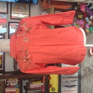 EUC ERIN LONDON side and top pockets embroidered floral button up jacket MD